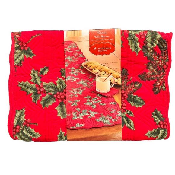 NWT ST. NICHOLAS SQUARE CHRISTMAS TRADITIONS TABLE RUNNER 13" x 54" RED HOLLY - Picture 1 of 2